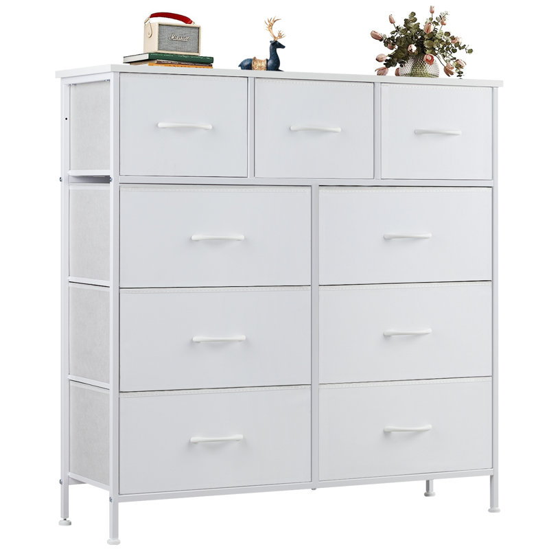 Commode en tissu à 9 tiroirs de 39,37 po avec plateau en bois et commode, Blanc