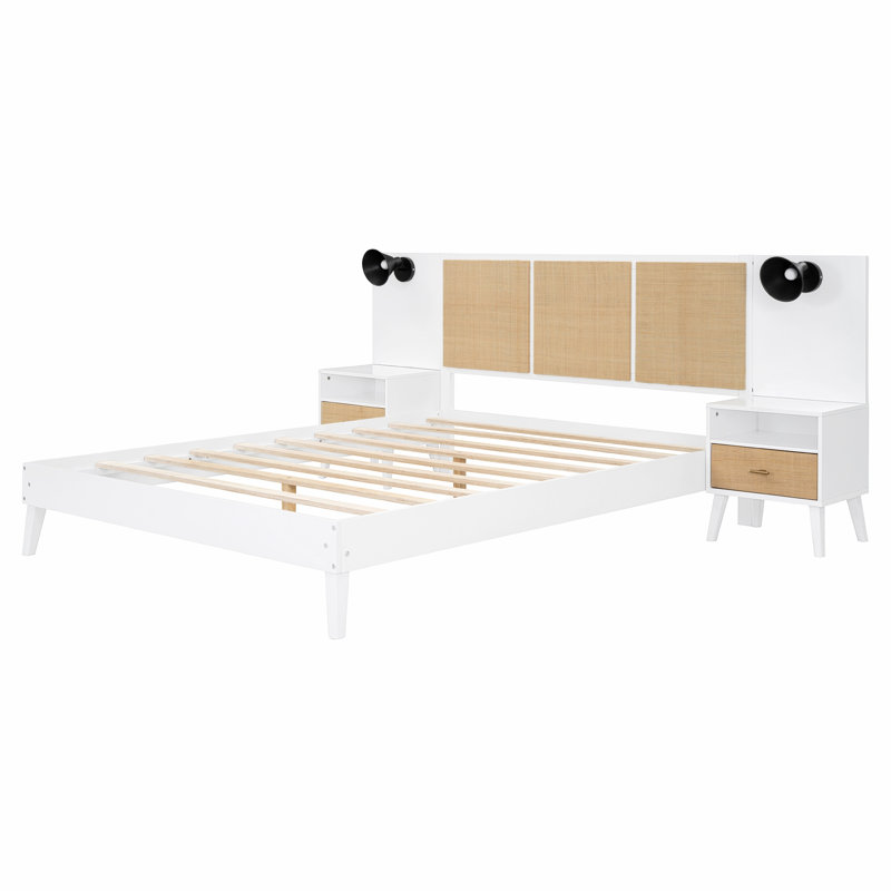 Cherno Wooden Rattan Bed Frame, White