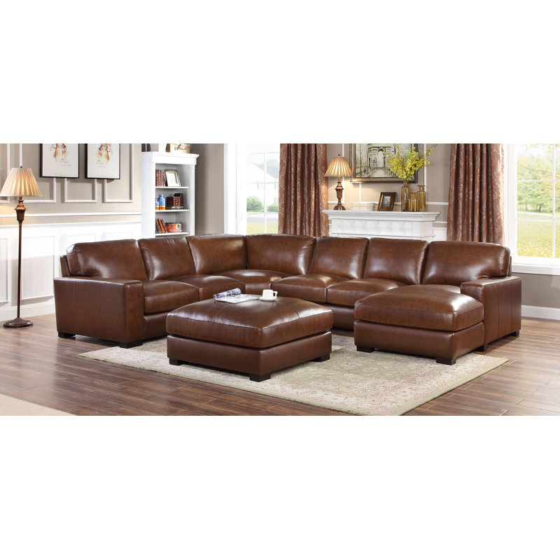 Canapé modulaire avec repose-pieds de gauche en cuir véritable de 139,5 po Antanisha, Cuir véritable brun