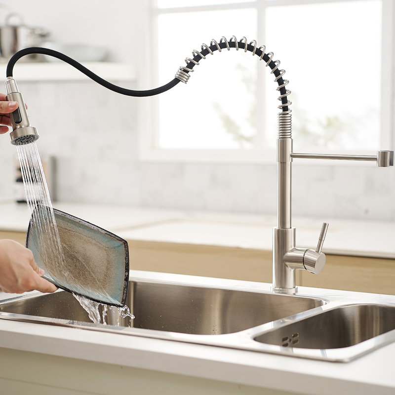 Robinet de cuisine en nickel brossé avec cartouche extractible en céramique, débit d'eau stable, facile à installer et à utiliser