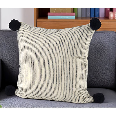 18" Cream And Black Abstract Wool Blend Throw Pillow Cover with Pompoms