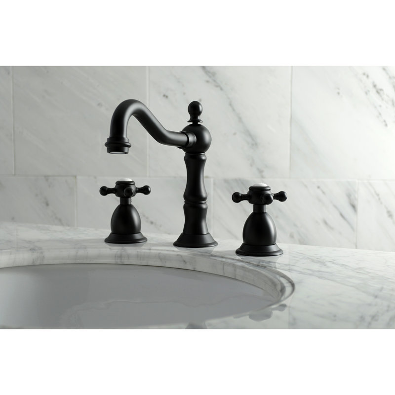 Kingston Brass Heritage Two-Handle 3-Hole Deck Mount Widespread Bathroom Faucet with Brass Pop-Up Drain, Matte Black