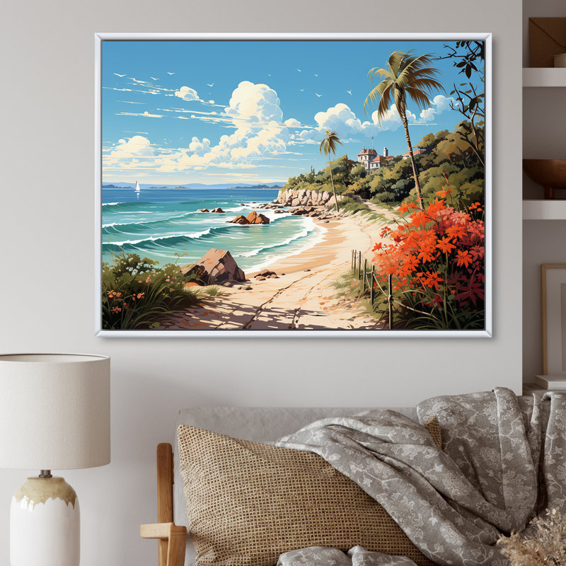 Impression sur toile Turquoise Seaside Trek III, Cadre flottant blanc, H 16 po x l 32 po x P 1 po