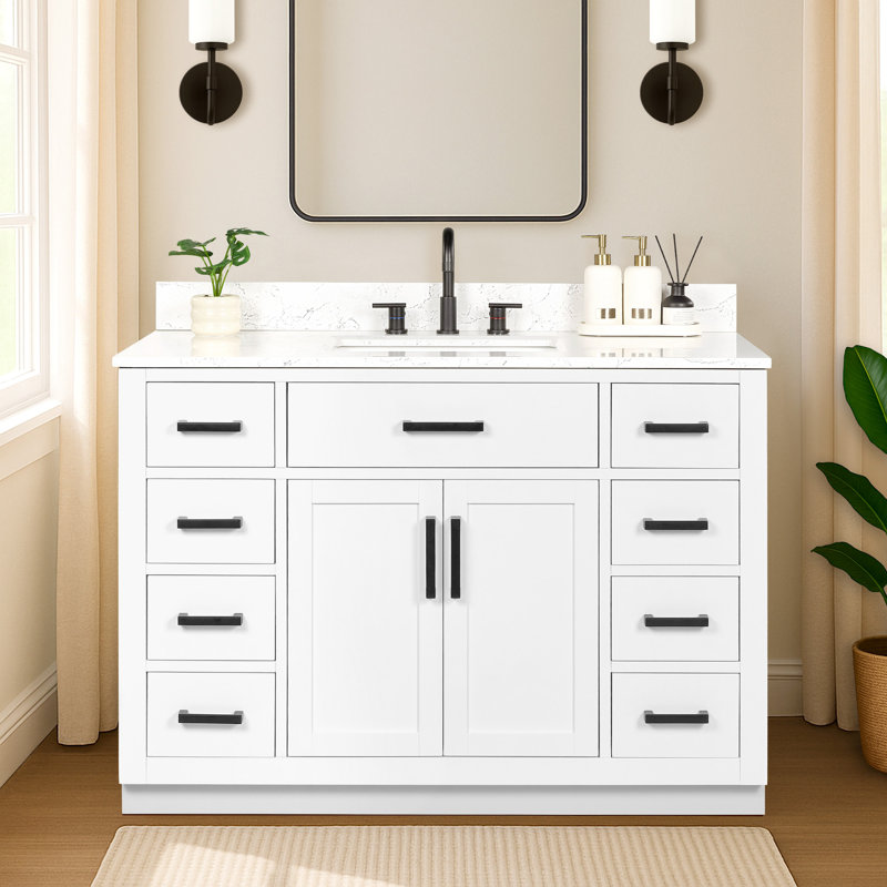 48'' Single Bathroom Vanity with Drawer, Shelf, Outlet, and Engineered Marble Top, White, 48''