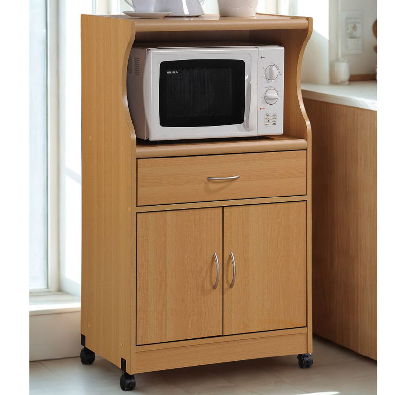 Rolling Kitchen Cart with  Microwave Shelf, Utensil Drawer, Interior Cabinet Storage Space and Locking Wheels, Beech