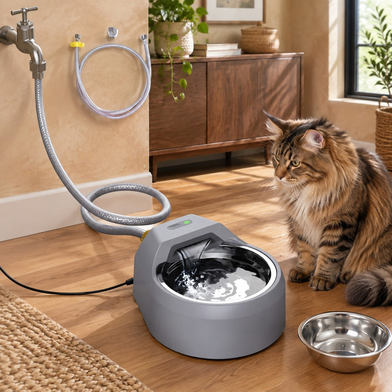 Distributeur d'eau automatique pour chiens, se connectant à une arrivée d'eau et utilisant l'alimentation USB pour remplir automatiquement la gamelle.