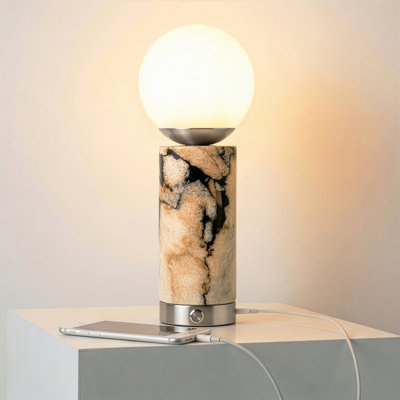 Aspen 11 in. Modern Nickel Integrated LED Table Lamp with Frosted Glass Globe Shade, USB Charging Port, and 3-Way Touch Dimmer