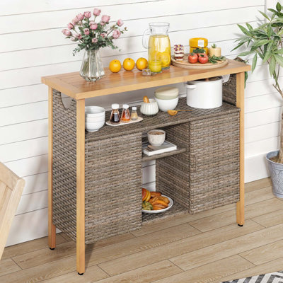 Modern Solid Wood and Wicker Storage Cabinet with Adjustable Shelves