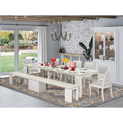 9-Pc Kitchen Table Set includes an Extendable Rectangle Dining Table, 7 Stackable Polyester Fabric Chairs and 1 Modern Bench, Antique White
