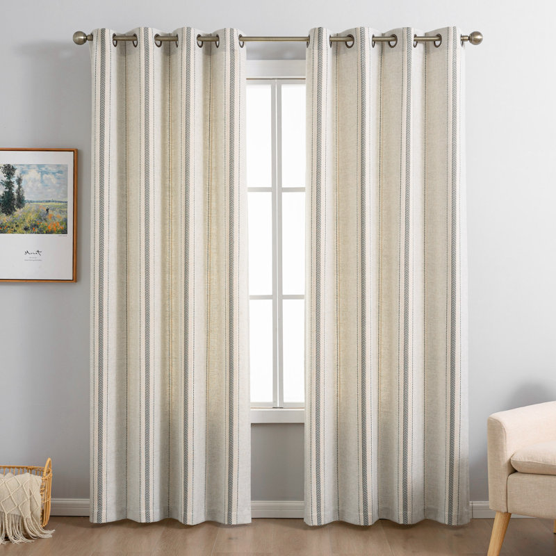 Linen Blend Striped Grommet Room Darkening Curtain Panel For Living Room, 52" W x 96" L, Black Stripe