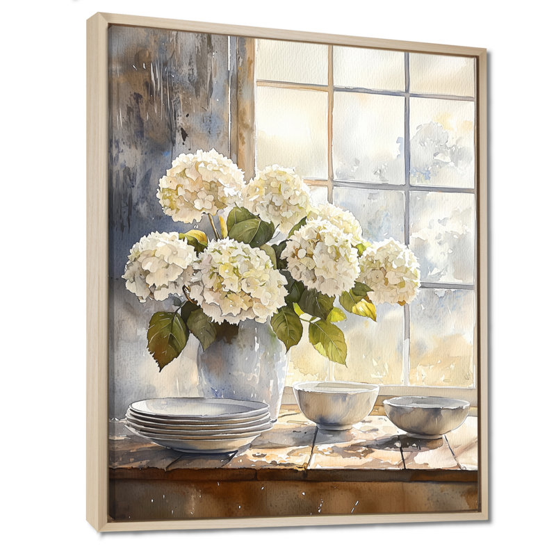 Hortensias dans le coin-repas I - Hydrangea, art mural encadré, Reproduction avec cadre flottant, H 44 po x l 34 po