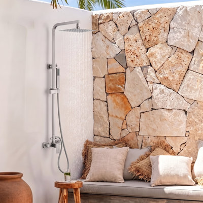 Douche d'extérieur murale en acier inoxydable 304 à hauteur réglable avec pomme de douche à pluie carrée de 10 po et douche à main
