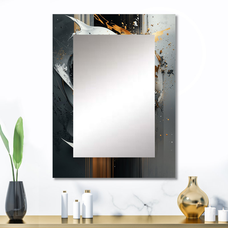 Black And Gold Abstract Shapes And Lines IV - Abstract Shapes Unique Wall Mirror, Gold Mirror, Printed Metal Art, 32" x 24"