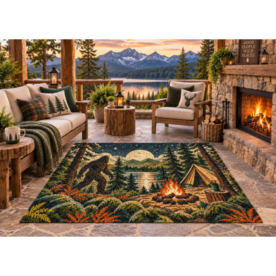 5' x 7' Outdoor Area Rug Bigfoot Camping Campfire Forest Heavyweight Solid Waterproof PVC Coil Loop Carpet, Heavy Duty Patio Rug, Quick Dry Indoor Outdoor Mat for Porch Deck Balcony RV Camping