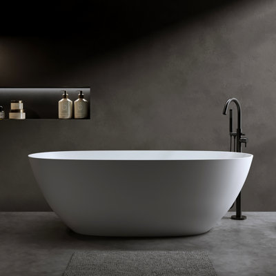 Baignoire autoportante en résine 69 po - ovale blanc mat avec trop-plein et bonde escamotable, conception à rebord épais, style industriel moderne, certifié Cupc