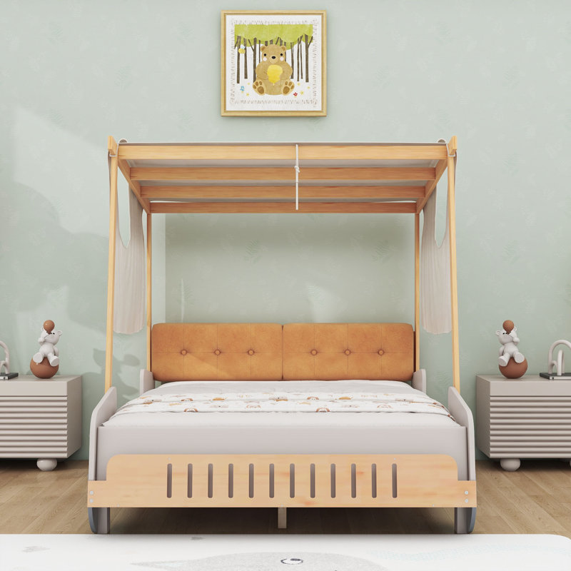 Lit voiture en bois avec tête de lit tapissier, toile de plafond et éclairage DEL, Double