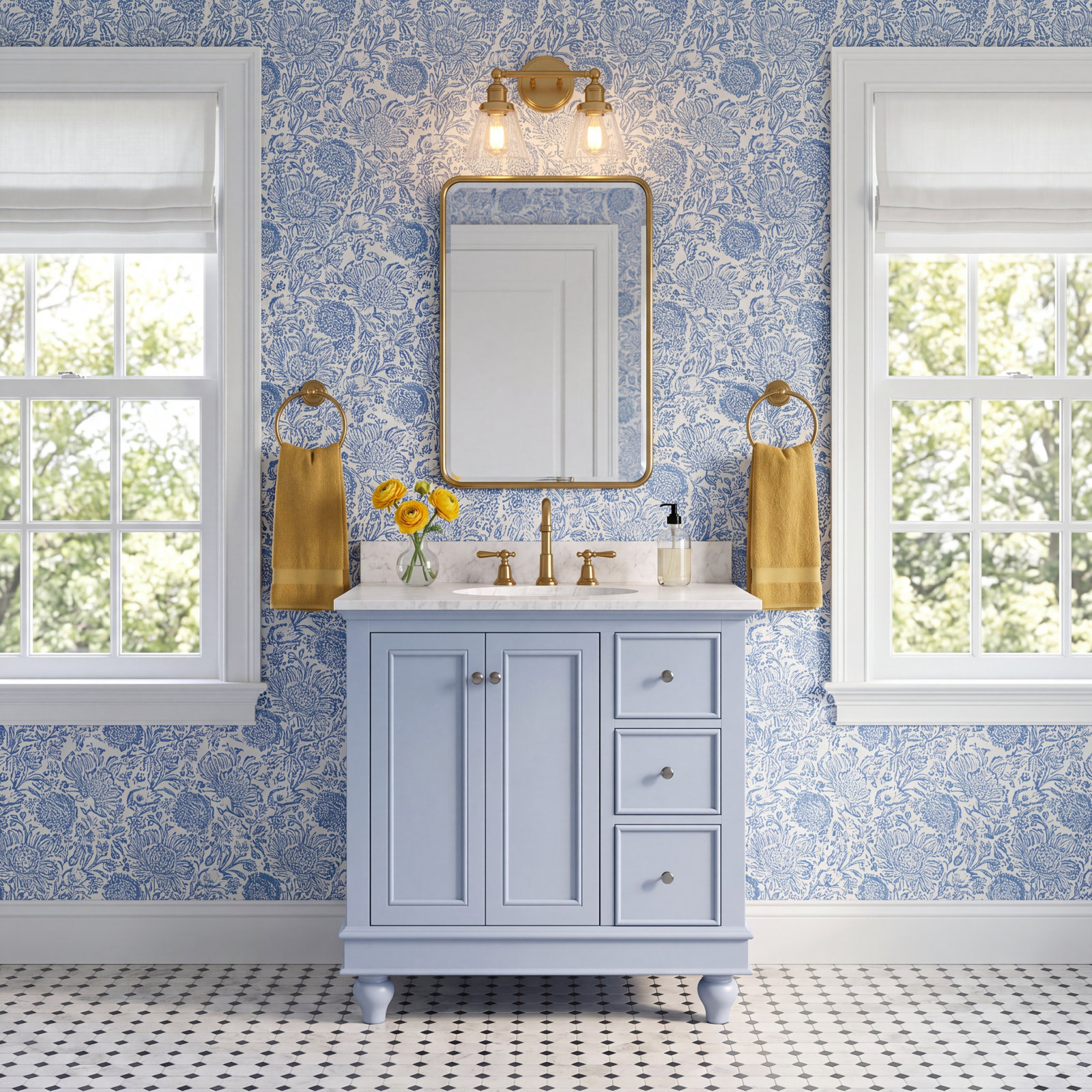 36 " Pine Single Bathroom Vanity, Carrara Marble, Powder Blue