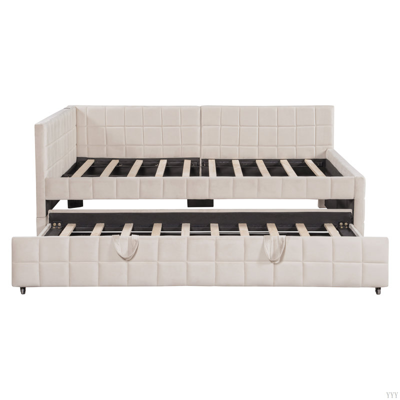 Lit de jour rembourré en L rembourré avec gigogne et ports USB Twinsize, Beige