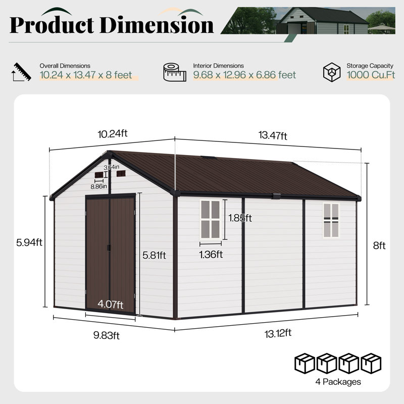 10x13.5x8 FT Resin Storage Shed with Floor, 96" H x 123" W x 162" D