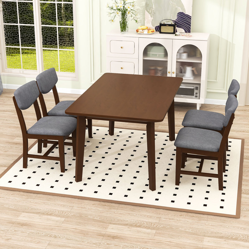 Ensemble de table de salle à manger 5 pièces, table rectangulaire avec pieds en bois massif et chaises rembourrées, Noyer