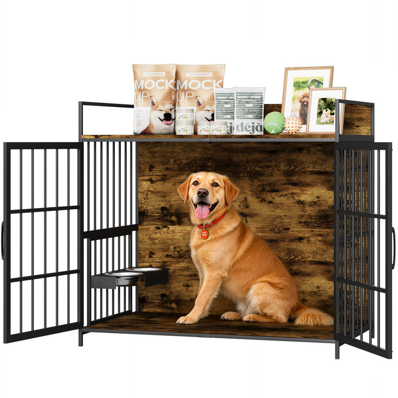 Grand meuble en bois robuste pour cage de chien avec portes doubles, bols et table de bout