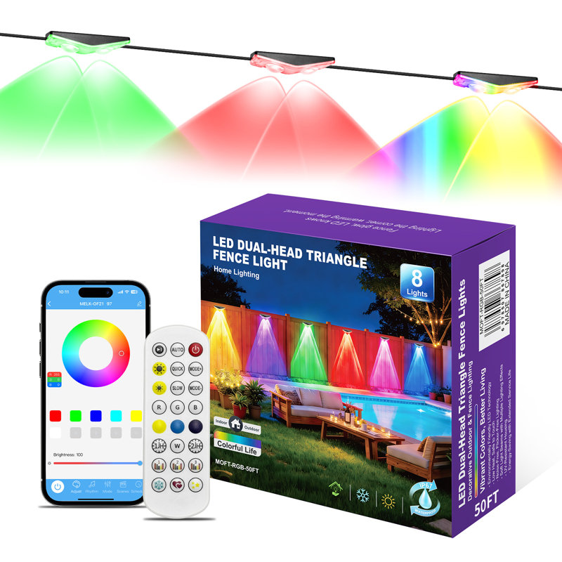 Brighter than Solar Lights, 50FT Smart Fence Lights, RGBIC Outdoor Deck Lights APP & Voice Controlled, Color-Changing Fence Lighting Music Sync Smart Outdoor Light IP65 Waterproof for Christmas Halloween Easter Lighting Decor, Dual Head Design