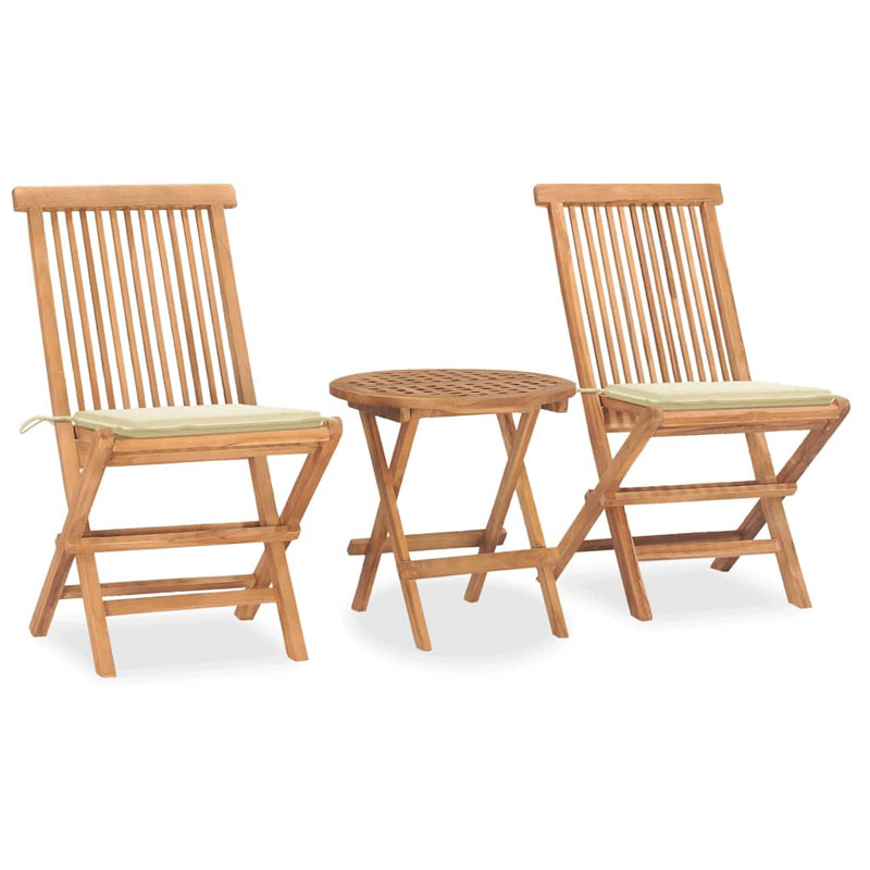 Ensemble de salle à manger pliable avec coussin en bois de teck George Oliver 3 pièces George Oliver, Beige