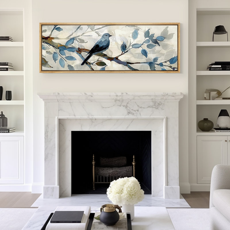 Bird " Tranquil Blue Birds On Tree Branches " 2 - Pieces, 20" H x 60" W, Floater Framed Print without Mat, Natural