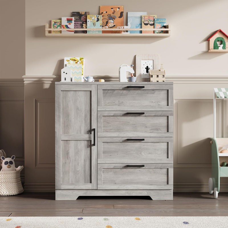 Petite armoire 43,3 po, armoire avec porte, 4 tiroirs et tringle, commode en bois avec 4 tiroirs, Gris