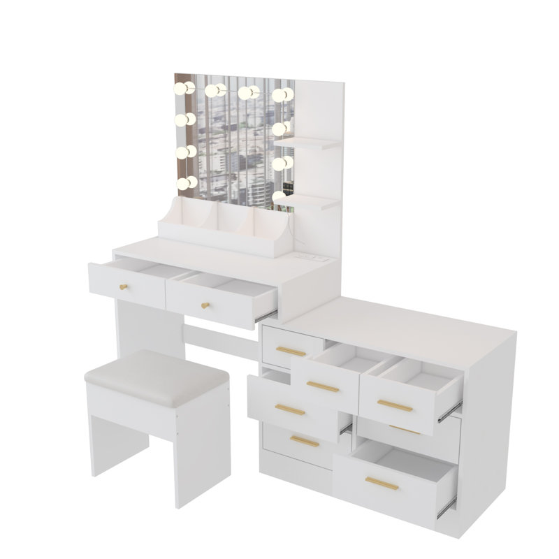 Grand ensemble de coiffeuse avec lumières, prise USB et prise de courant et 9 tiroirs, Blanc