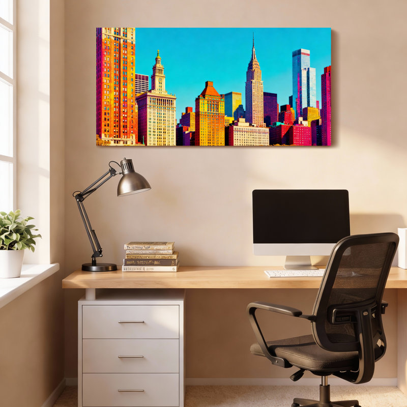 Ensemble de 1 tableau sur toile représentant un paysage urbain coloré, H 28 po x l 58 po