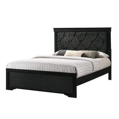 King Panel Bed 1-Piece Black 84.4" W x 79.88" H Solid Wood — Button Tufted Design