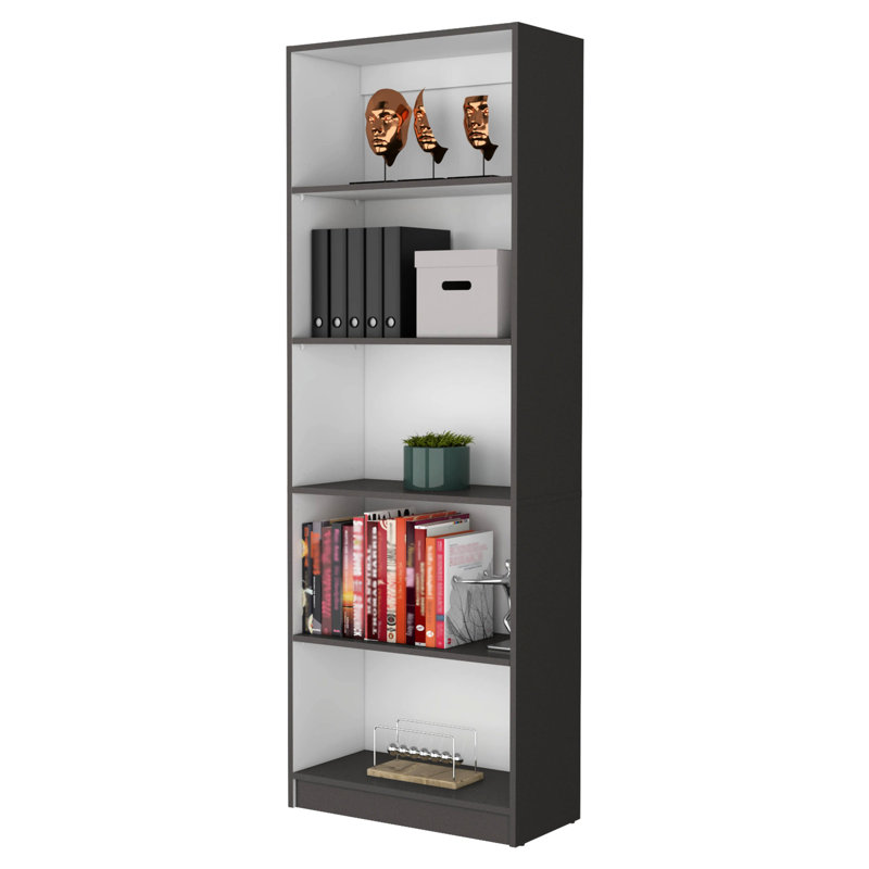 Bibliothèque spacieuse à 5 tablettes, gris mat et blanc - Bibliothèque de rangement élégante pour les articles ménagers