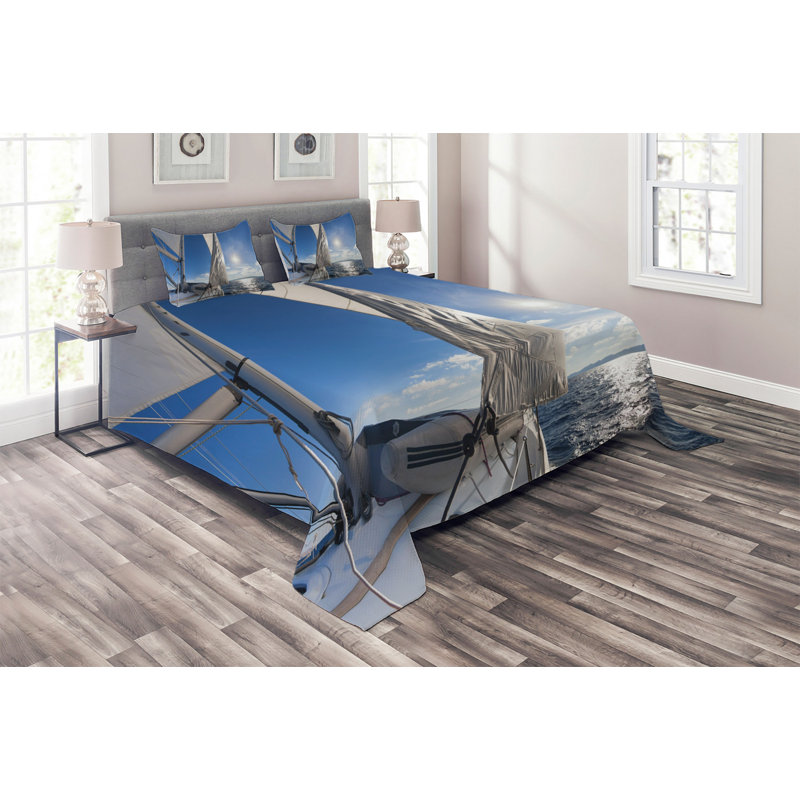 Sailboat Coastal Polyester Coverlet, Queen Bedspread + 2 Shams