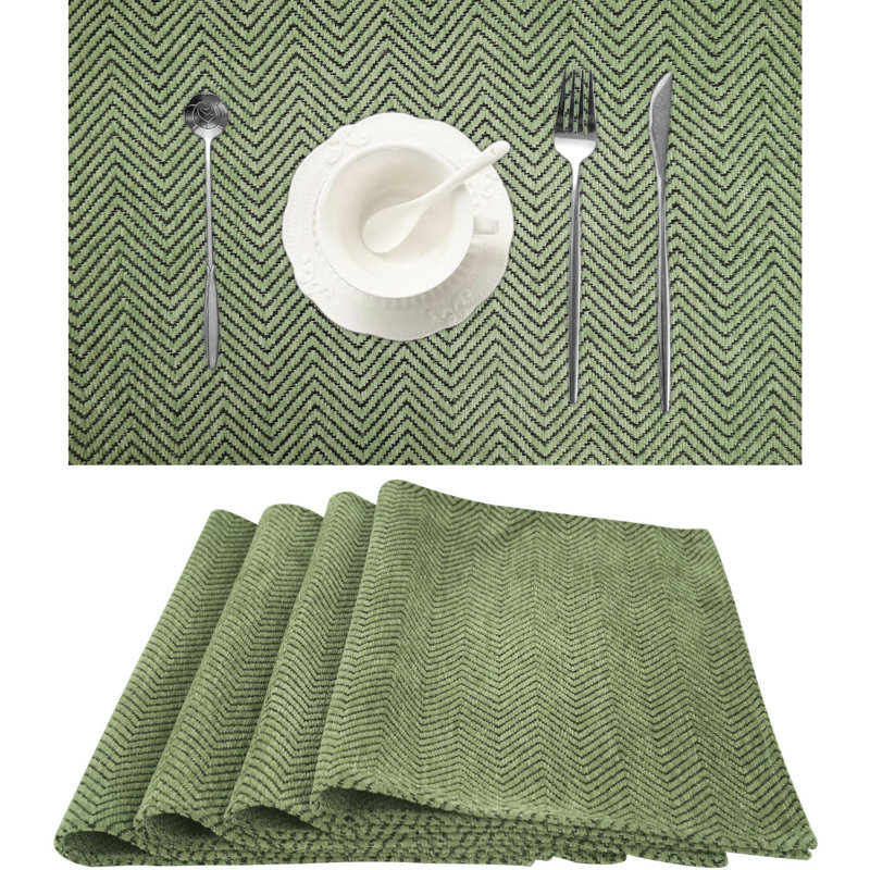 Ensemble de 4 napperons de table de salle à manger | Tapis décoratif à motif zigzag lavable, Vert olive