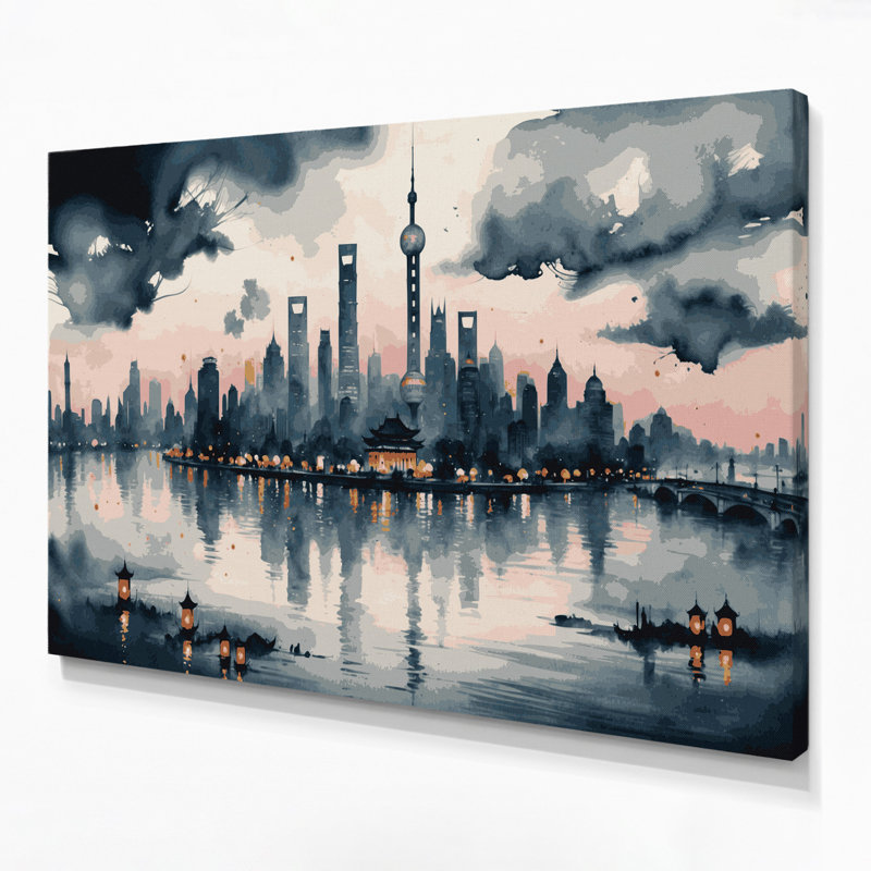 Art mural sur toile beige avec villes cités, H 20 po x l 24 po