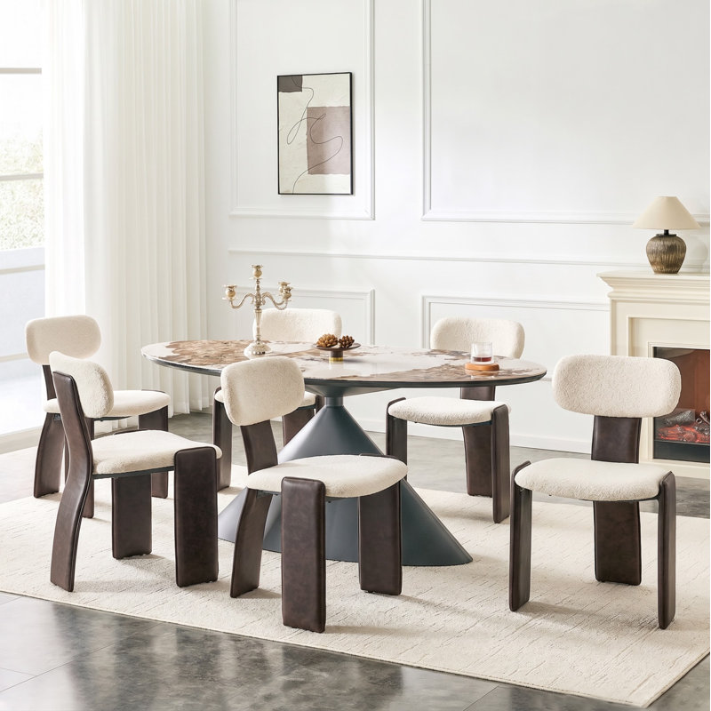 Chaises de salle à manger rembourrées Varian Teddy, hauteur du siège 19 pouces (ensemble de 6), Blanc cassé / brun foncé