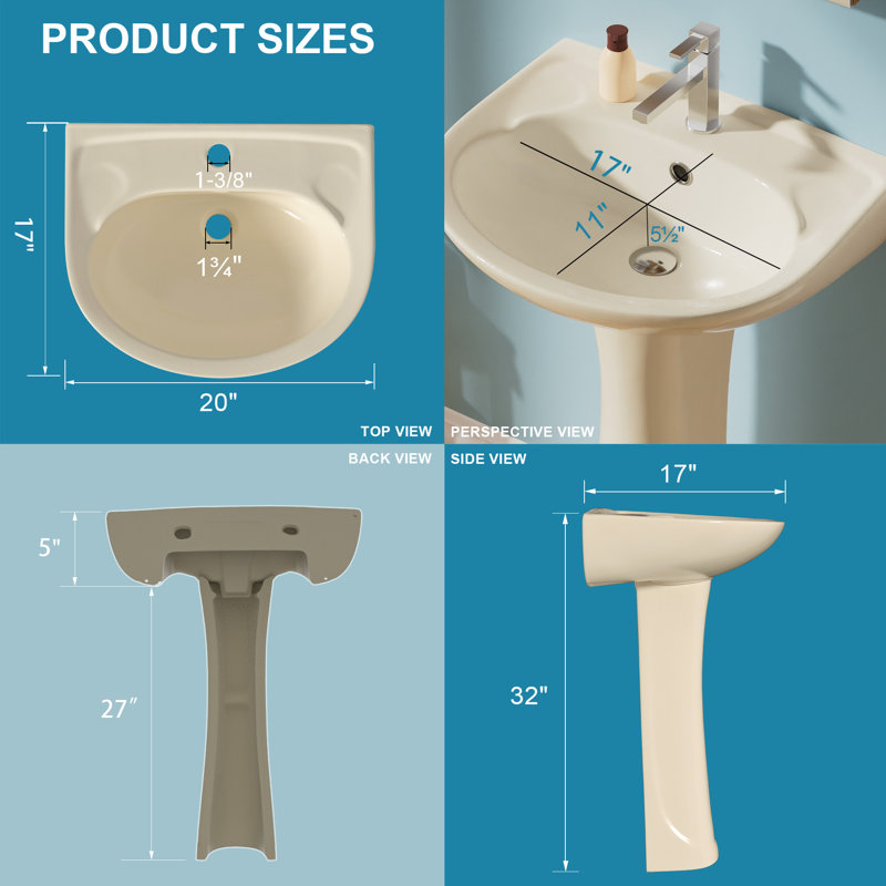 Lavabo sur pied en porcelaine vitrifiée en forme de U l 20 po x P 16,5 po, 1 trou de robinet et trop-plein, blanc, Os