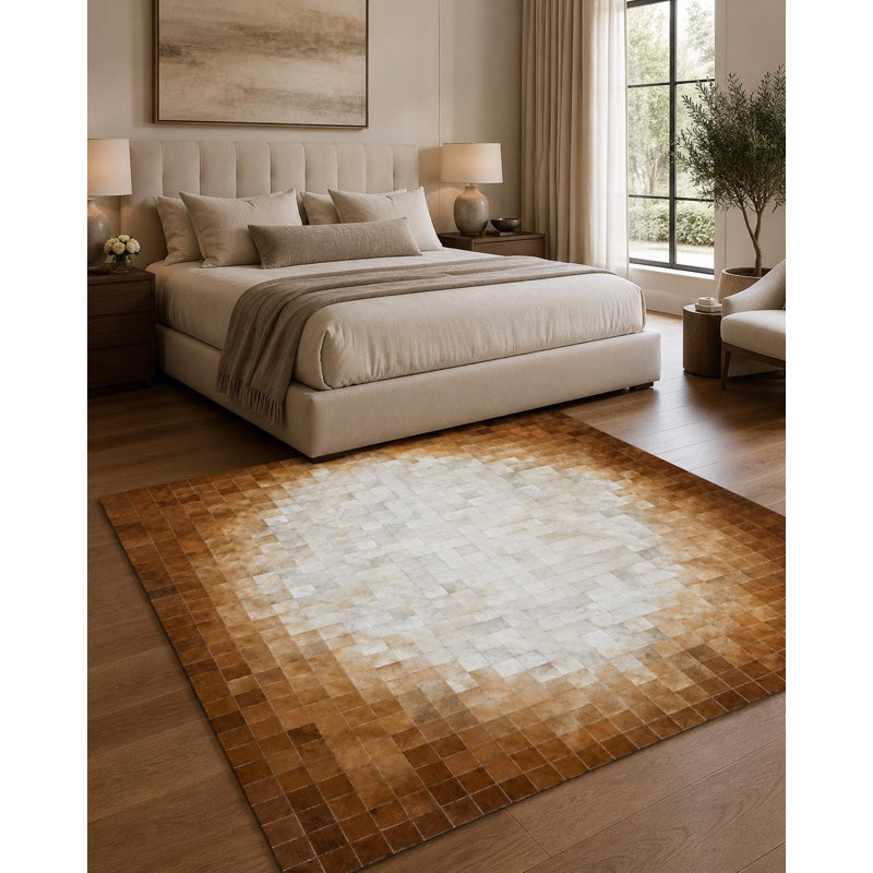 Tapis brun en cuir de vache dégradé brun, tapis en cuir patchwork fait à la main, tapis moderne dégradé de luxe