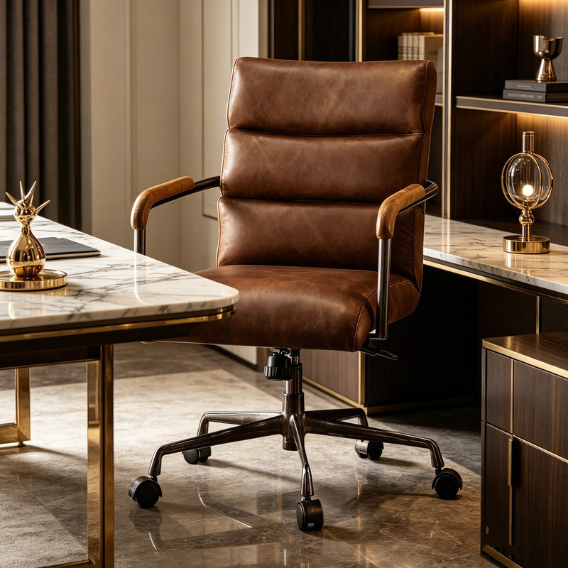 Chaise de bureau ergonomique rembourrée en cuir fleur rétro avec siège rembourré