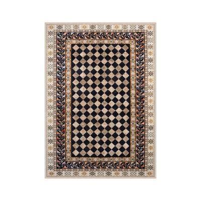 Checkered Border Rug 5' x 7' for Dining Room, Black Beige