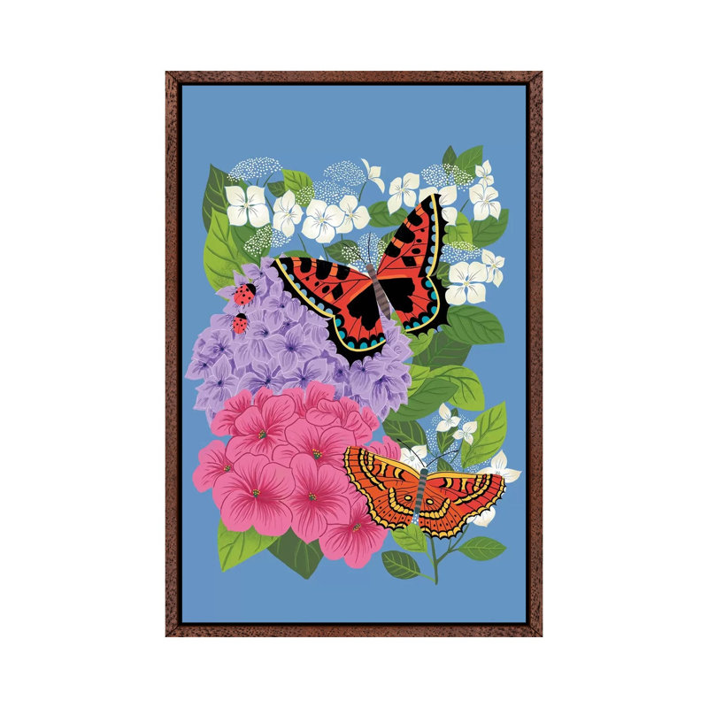 Hydrangeas And Butterflies by Nancy Mckenzie - Print on Canvas, 66.04cm H x 45.72cm W x 3.81cm D, Classic Brown Wood Framed