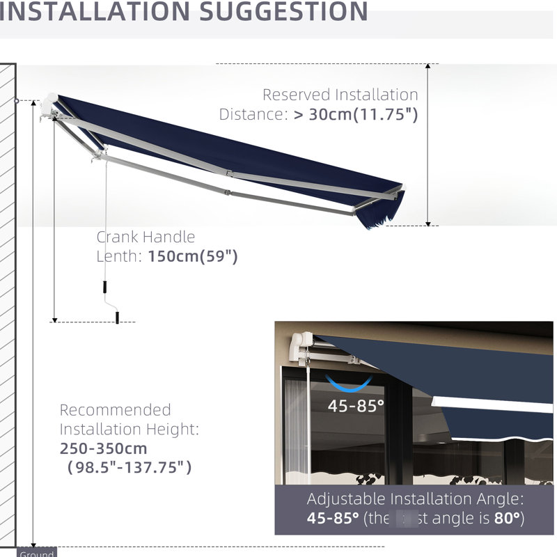 Auvent de patio rétractable 10 pi x 8 pi - Parasol avec et eau - Tissu, Manivelle manuelle, Cadre en aluminium pour terrasse, Balcon, Cour, Manivelle bleue digne de confiance, Conception