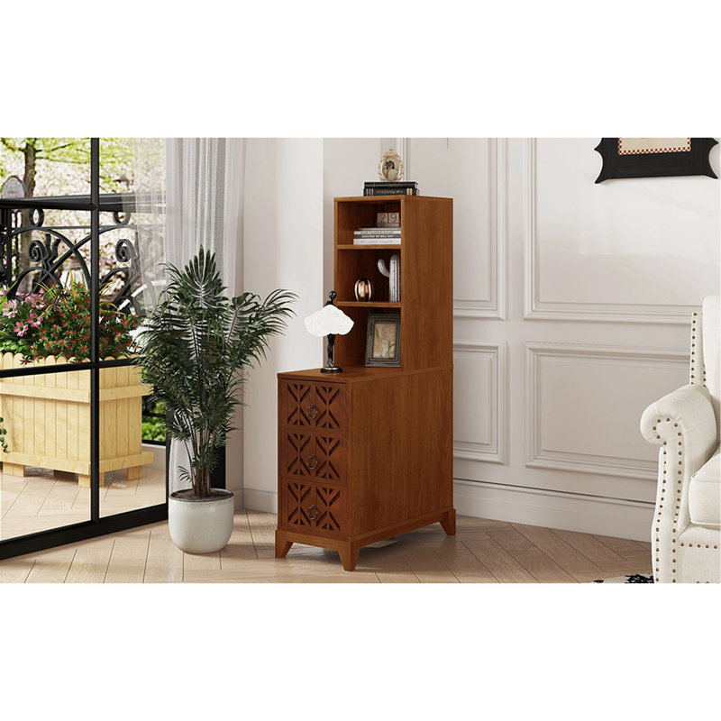 End Table With 3 Drawers, Corner Table With 2 Open Shelves, Tall Side Table For Bedroom And Corner, Walnut, Natural