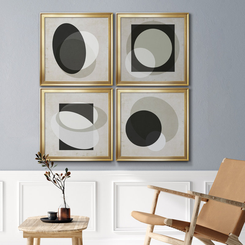Moderniste Neutre I - ensemble de 4 reproductions d'art sur toile encadrées, Encadrement doré