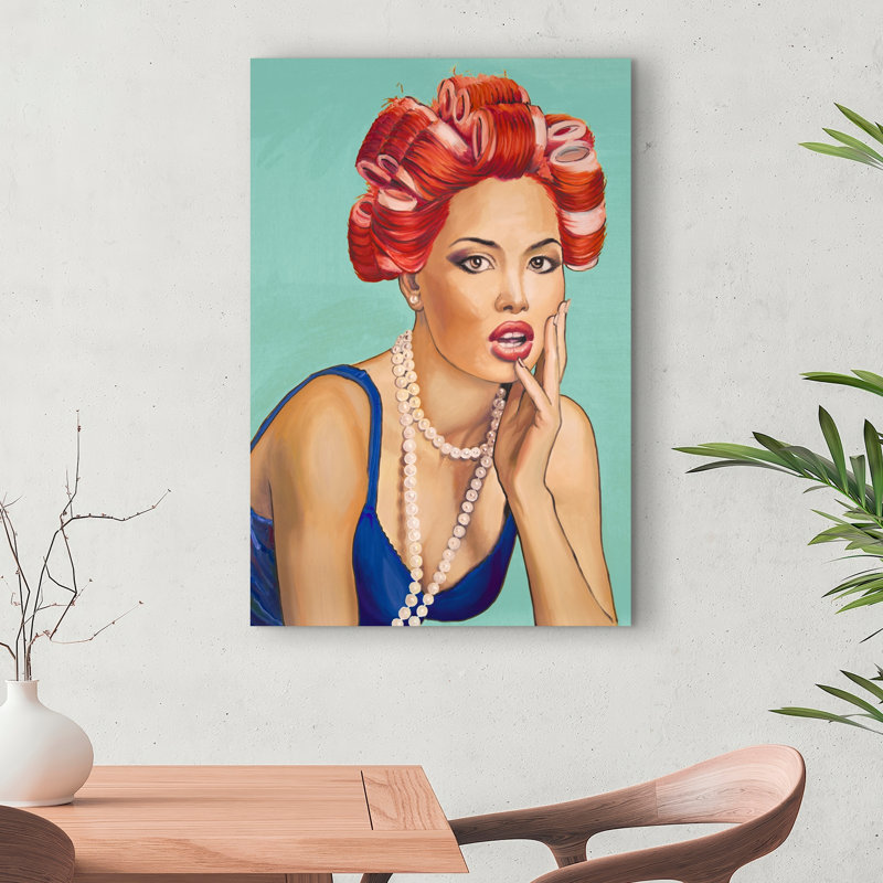 Pin Up Girl with Curlers - Red Retro Canvas Home Decor, 24" H x 36" W