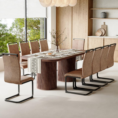 79" Walnut Dining Table Set For 10,Large Dining Room Table Set For 10 With Fluted Double Pedestal Base & Cushioned Chairs