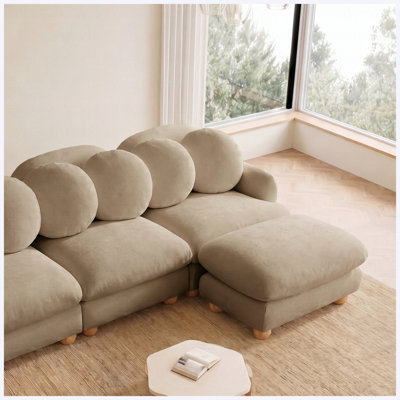 Sofa Comfy Chenille Modular Sectional , 5 Seater Deep Seat Couch with 6 Throw Pillows,Movable Ottoman,Solid Wood Frame for Living Room, Bedroom and Apartment,Camel