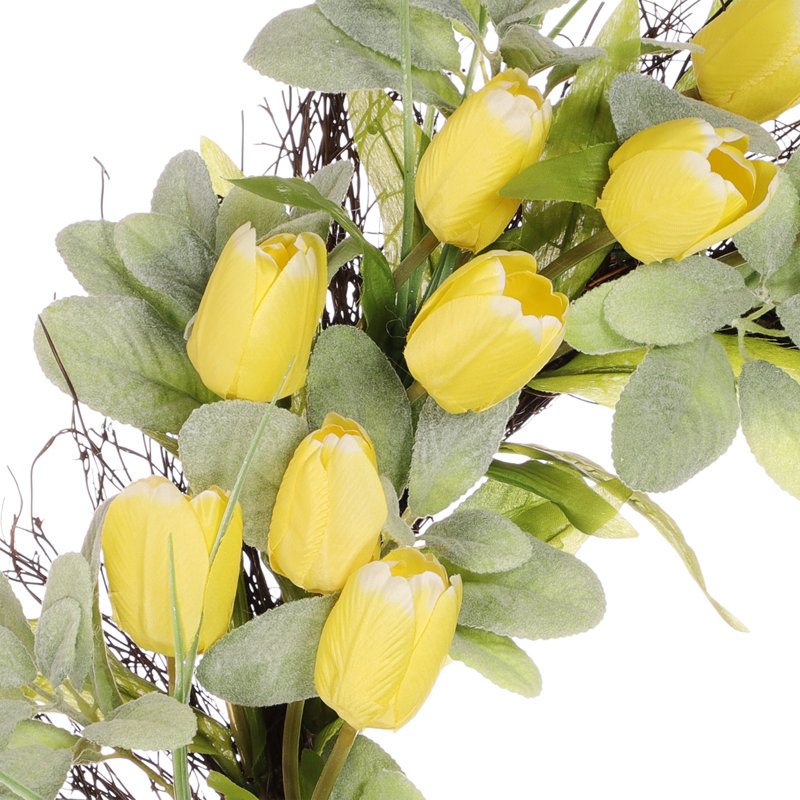 Artificial Tulip Floral Spring Wreath with Green Leaves, 24" W x 24" H x 5.5" D
