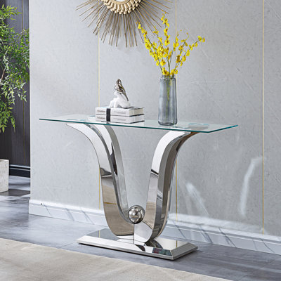 Tempered Glass Console Table For Living Room Modern Center Table With Stainless Steel Frame, Elegant Rectangular Accent Cocktail Sofa Table For Home Office